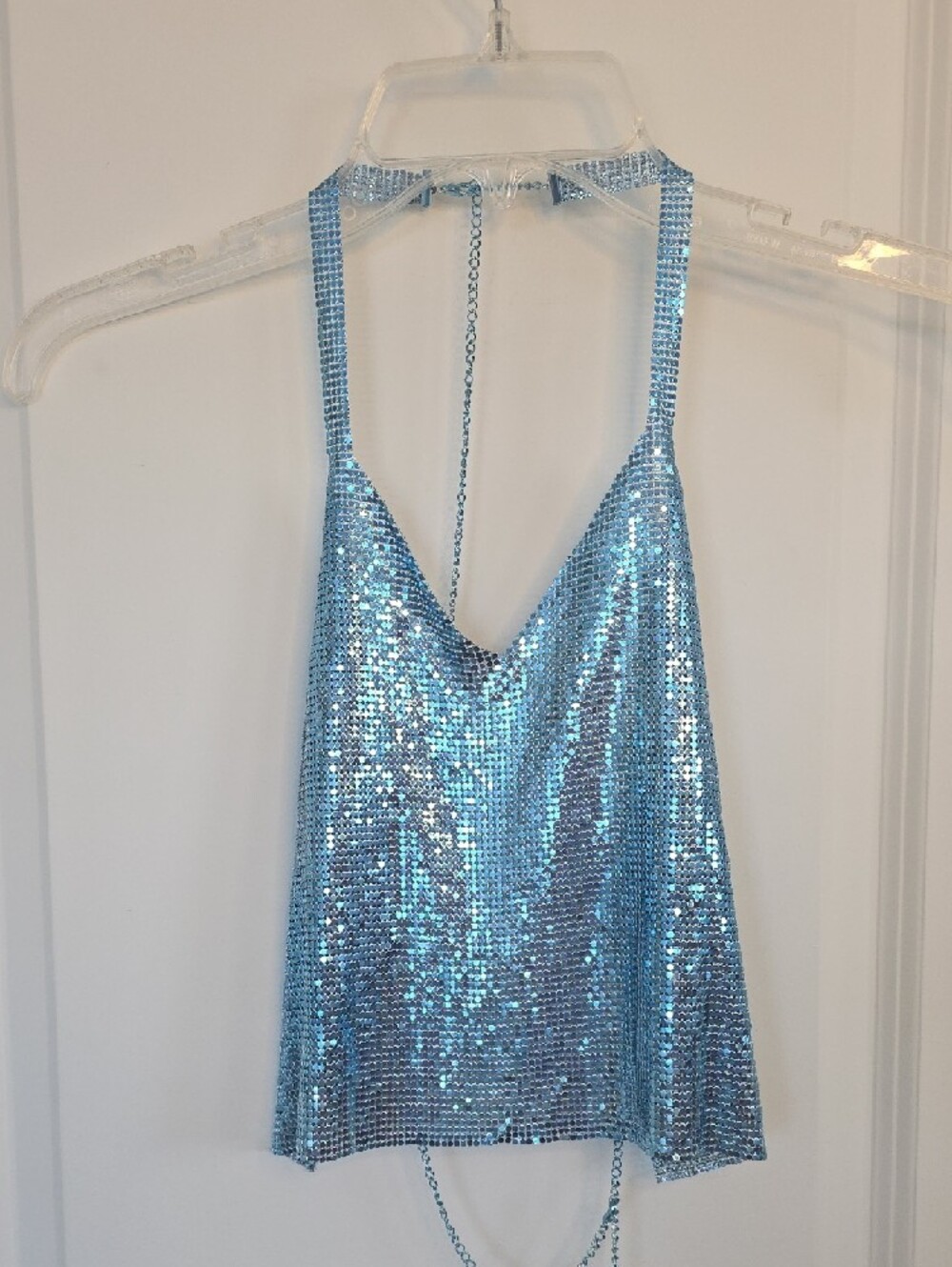 Sparkling Blue Metal Sequin Halter Crop Top Adjustable